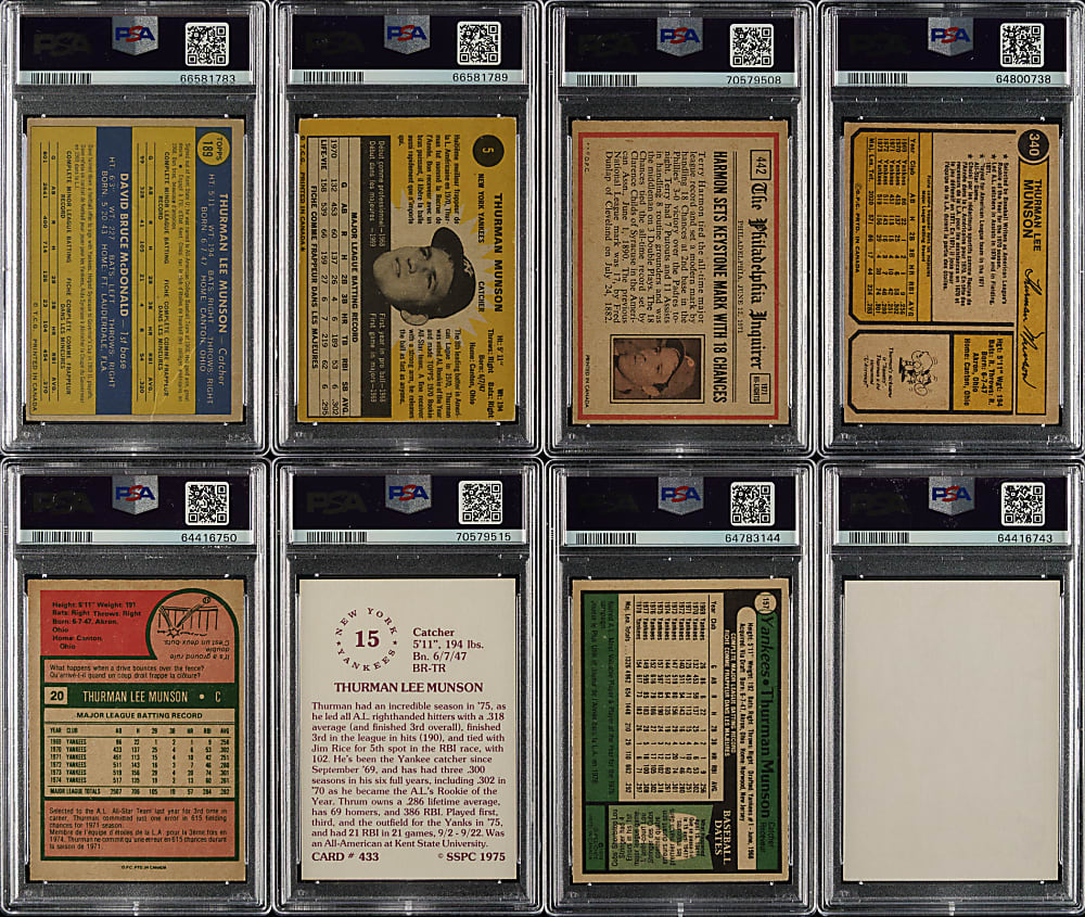1970 to 1980 O-Pee-Chee and SSPC Thurman Munson PSA-Graded Collection (8)