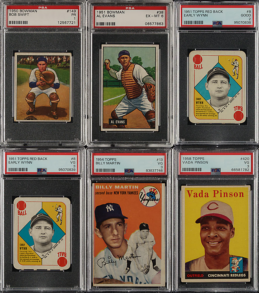 1950 to 1958 Topps, Topps Red Backs, and Bowman PSA-Graded Collection (6) Including Early Wynn