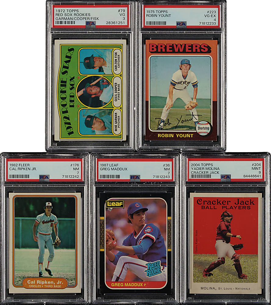 1972 to 2004 Topps, Fleer and Leaf PSA-Graded Collection (5) Including Robin Yount, Cal Ripken Jr. and Carlton Fisk Rookies