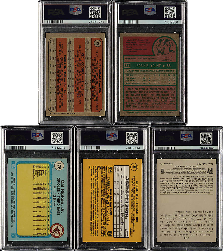 1972 to 2004 Topps, Fleer and Leaf PSA-Graded Collection (5) Including Robin Yount, Cal Ripken Jr. and Carlton Fisk Rookies