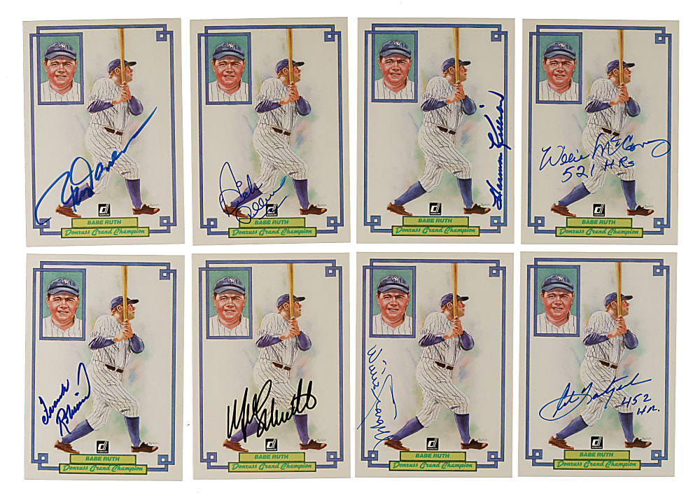 Signed 1984 Donruss Grand Champions #1 Babe Ruth Collection (12) Including Willie Mays, Yogi Berra and Joe DiMaggio