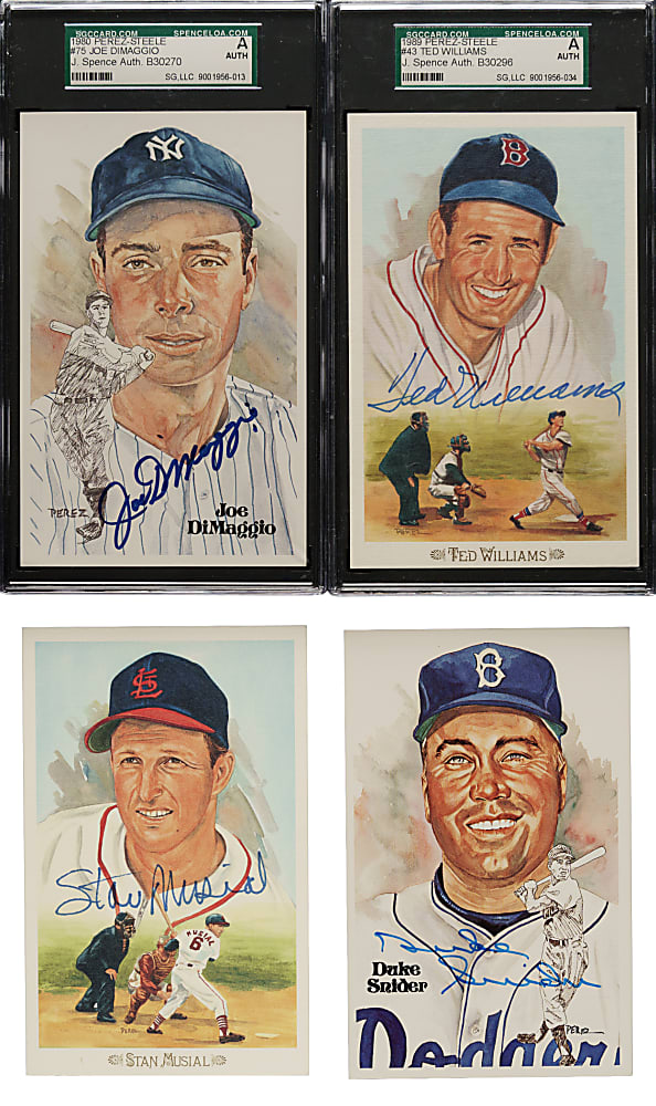 Signed 1980 to 1989 Perez-Steele Hall of Fame Postcard Collection (4): Ted Williams, Duke Snider, Stan Musial and Joe DiMaggio