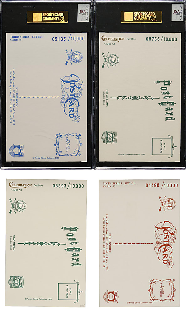 Signed 1980 to 1989 Perez-Steele Hall of Fame Postcard Collection (4): Ted Williams, Duke Snider, Stan Musial and Joe DiMaggio