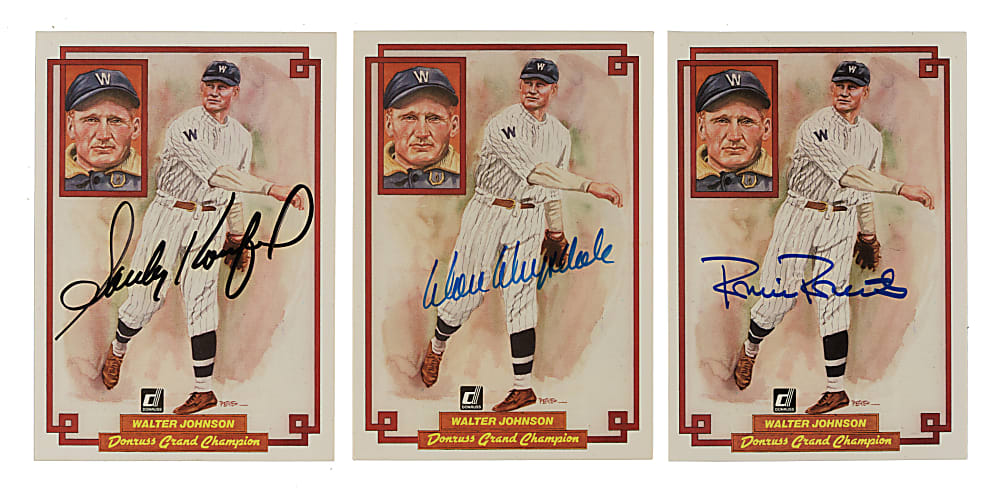 Signed 1984 Donruss Grand Champions #37 Walter Johnson Trio: Sandy Koufax, Don Drysdale and Robin Roberts