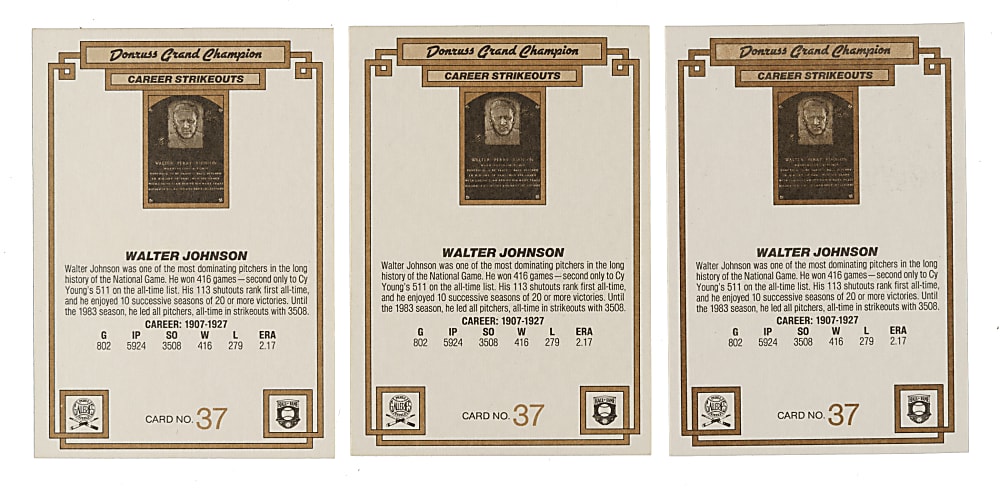 Signed 1984 Donruss Grand Champions #37 Walter Johnson Trio: Sandy Koufax, Don Drysdale and Robin Roberts