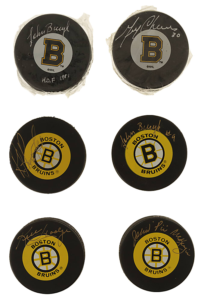 Boston Bruins Hall of Famers and Stars Signed Hockey Puck Collection (6)