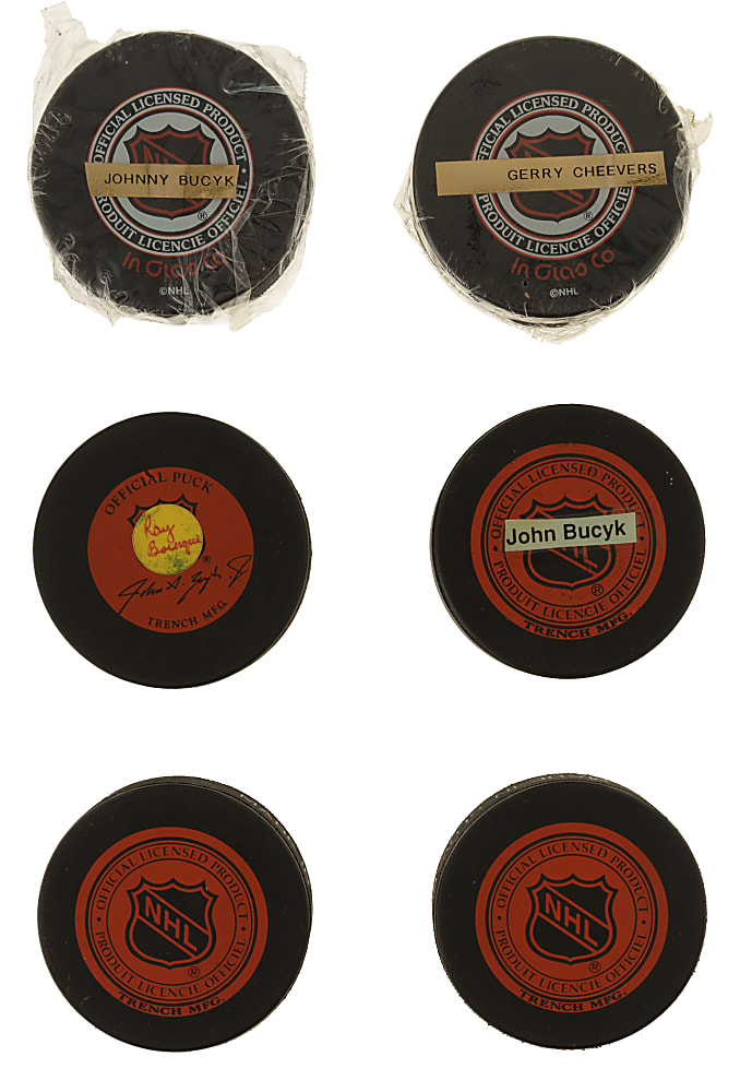 Boston Bruins Hall of Famers and Stars Signed Hockey Puck Collection (6)