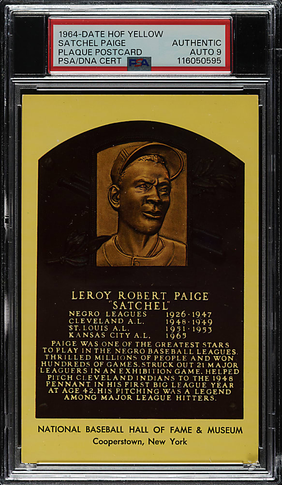 Satchel Paige Signed Yellow Hall of Fame Postcard PSA/DNA MINT 9