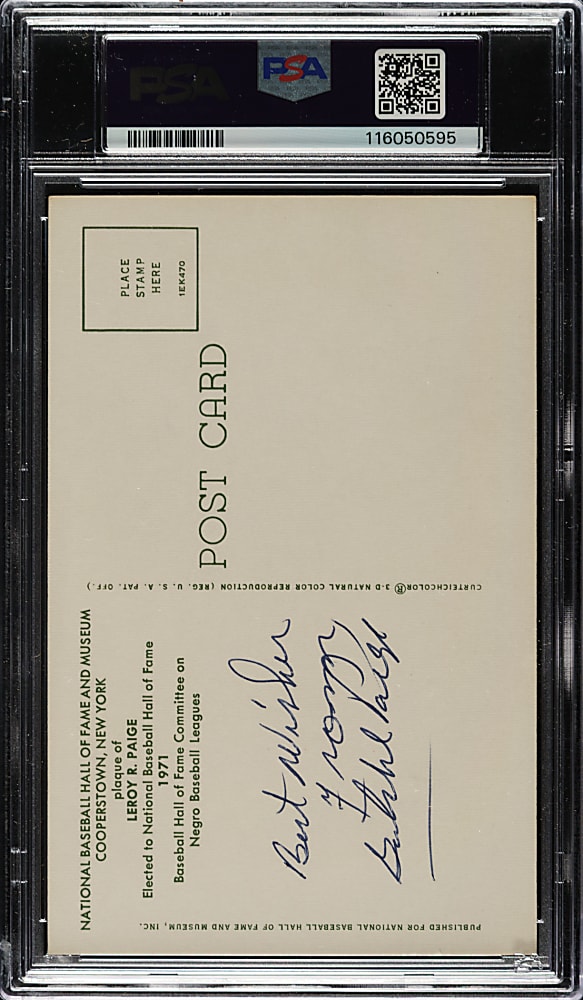 Satchel Paige Signed Yellow Hall of Fame Postcard PSA/DNA MINT 9