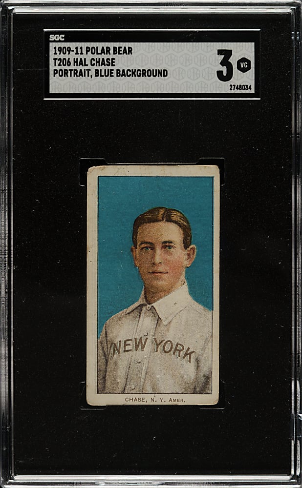 1909-1911 T206 White Border Hal Chase Portrait Blue Background SGC VG 3 - Polar Bear Back