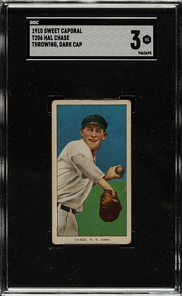 1909-1911 T206 White Border Hal Chase Throwing Dark Cap SGC VG 3