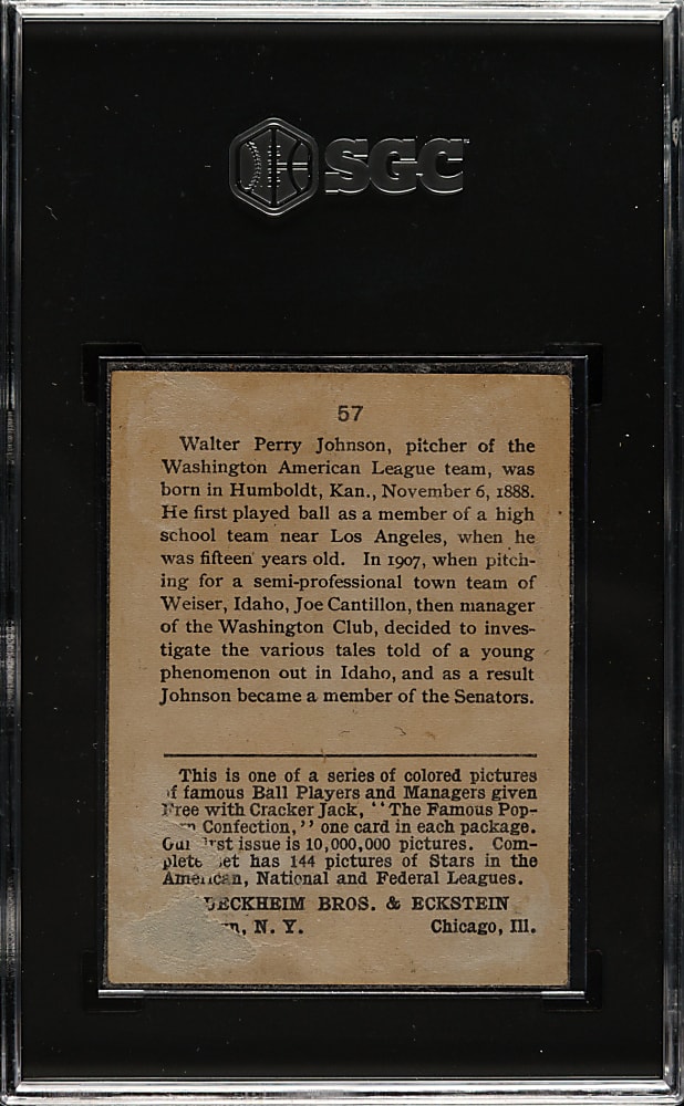 1914 E145 Cracker Jack #57 Walter Johnson SGC Authentic