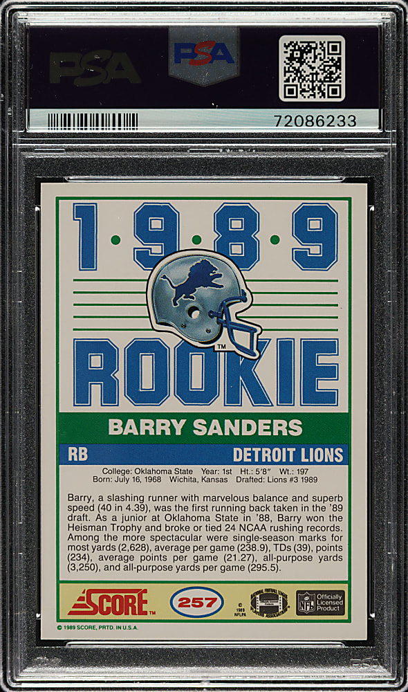 1989 Score Football #257 Barry Sanders Rookie PSA MINT 9