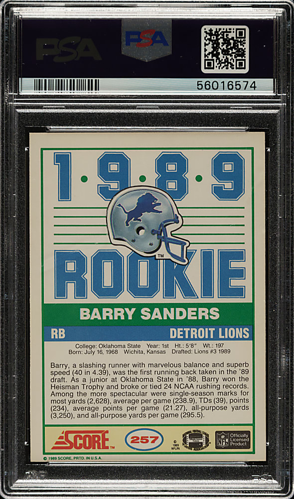 1989 Score Football #257 Barry Sanders Rookie PSA MINT 9