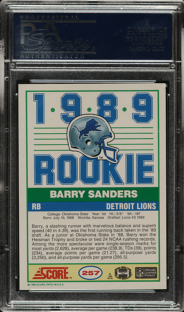 1989 Score Football #257 Barry Sanders Rookie PSA MINT 9