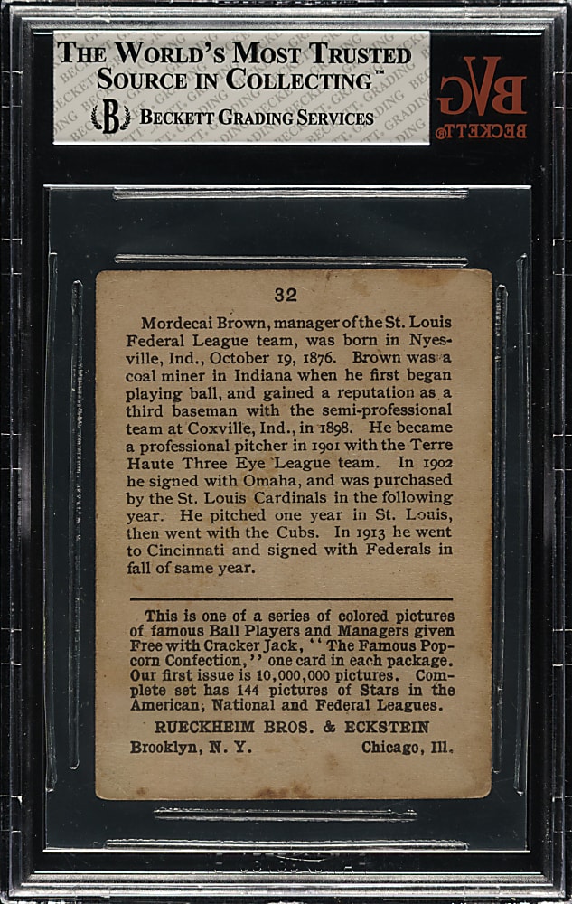 1914 E145 Cracker Jack #32 Mordecai Brown BVG VG+ 3.5