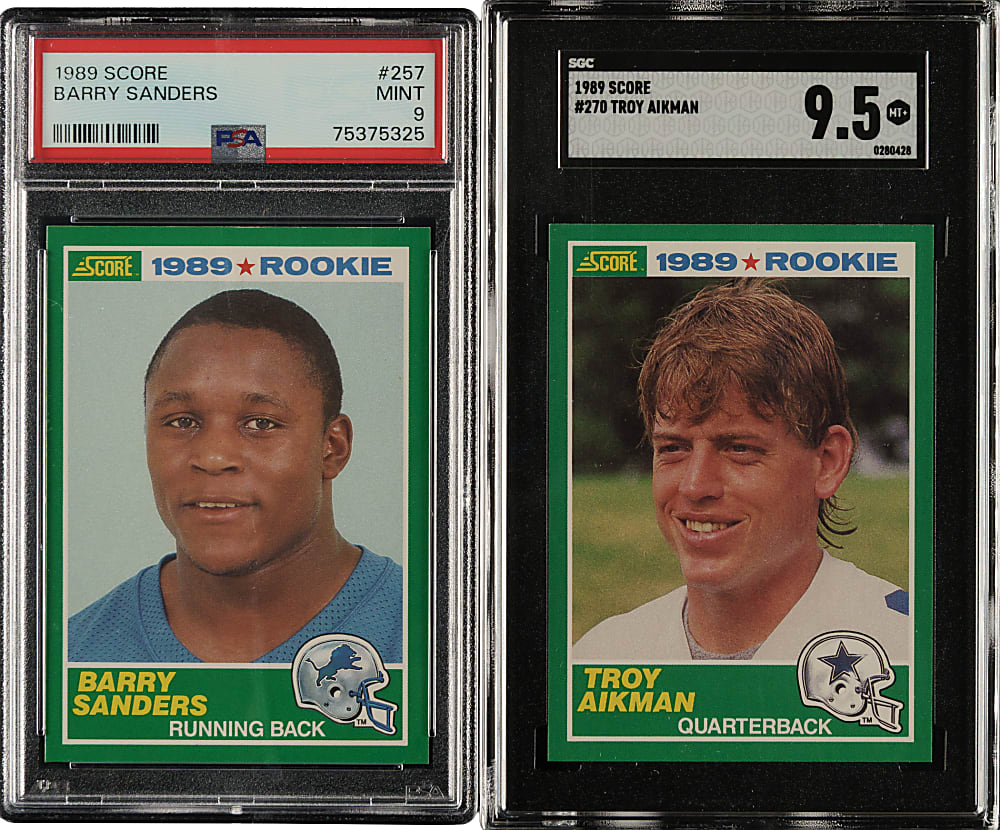 1989 Score Football #257 Barry Sanders and #270 Troy Aikman Rookies PSA- and SGC-Graded Pair