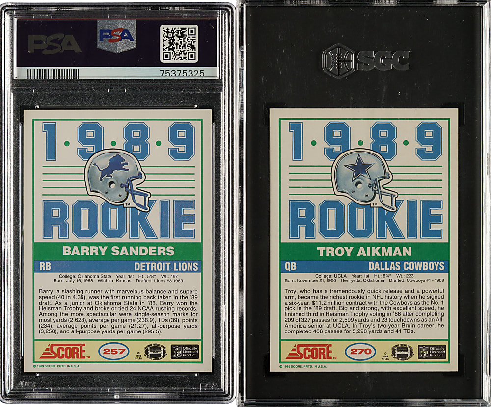 1989 Score Football #257 Barry Sanders and #270 Troy Aikman Rookies PSA- and SGC-Graded Pair