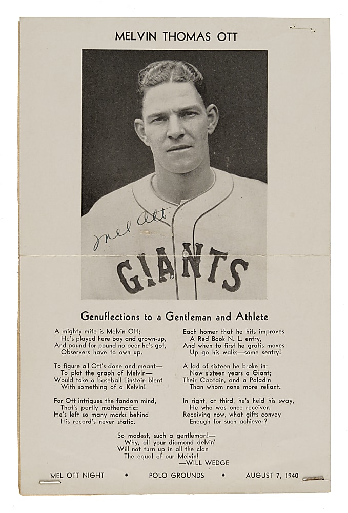 August 7, 1940 Mel Ott Night "Genuflections to a Gentleman and Athlete" Program Page - Signed by Mel Ott - JSA