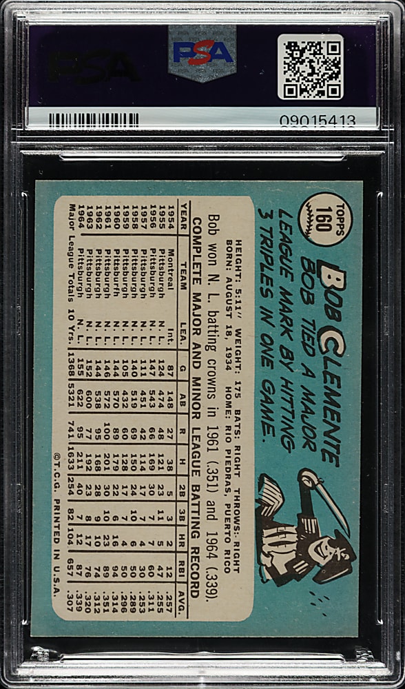 1965 Topps #160 Roberto Clemente PSA MINT 9 - Highest Graded!
