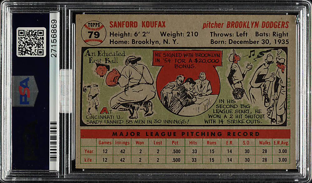 1956 Topps #79 Sandy Koufax Gray Back PSA NM-MT+ 8.5 (MBA Silver Diamond)