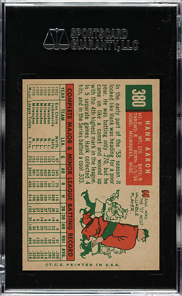 1959 Topps #380 Hank Aaron SGC MINT 9 (MBA Gold Diamond) - 1 of 2 - Highest Graded!