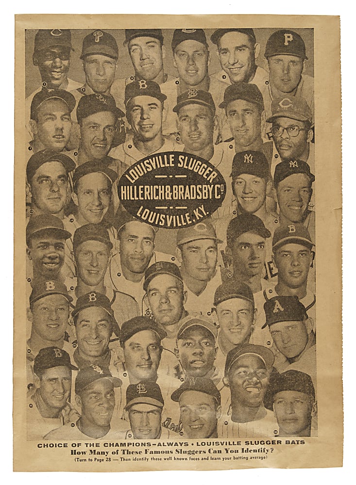 1958 Louisville Slugger Advertising Newspaper Page with Mickey Mantle, Yogi Berra, and Ted Williams