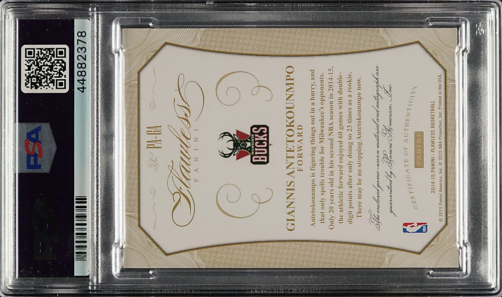 2014-2015 Panini Flawless Patch Autographs Basketball #PA-GA Giannis Antetokounmpo Ruby #14/15 PSA GEM MINT 10 with GEM MINT 10 Signature