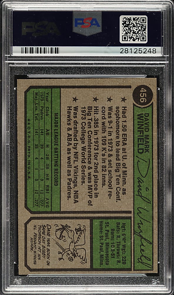 1974 Topps #456 Dave Winfield Rookie PSA MINT 9
