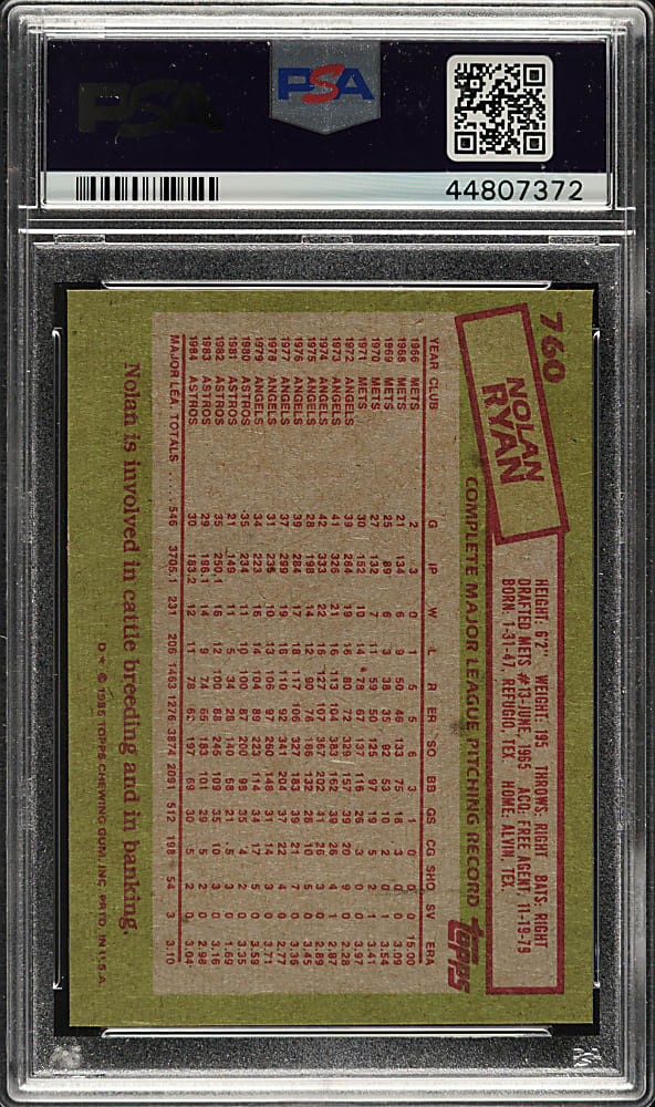 1985 Topps #760 Nolan Ryan PSA GEM MINT 10