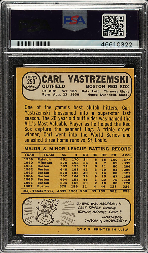 1968 Topps #250 Carl Yastrzemski PSA MINT 9