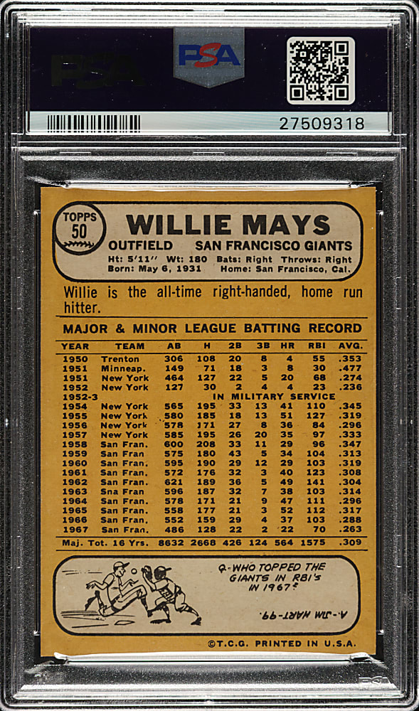 1968 Topps #50 Willie Mays PSA MINT 9