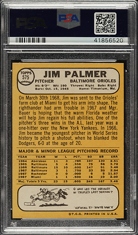 1968 Topps #575 Jim Palmer PSA MINT 9