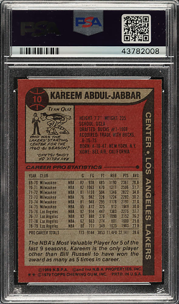 1979-1980 Topps Basketball #10 Kareem Abdul-Jabbar PSA MINT 9
