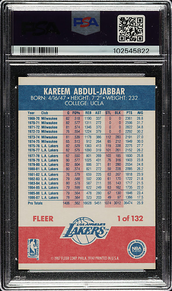 1987-1988 Topps Basketball #1 Kareem Abdul-Jabbar PSA GEM MINT 10