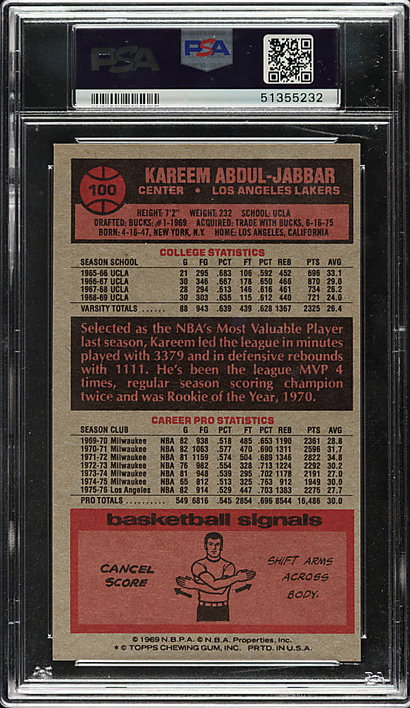 1976-1977 Topps Basketball #100 Kareem Abdul-Jabbar PSA NM-MT 8