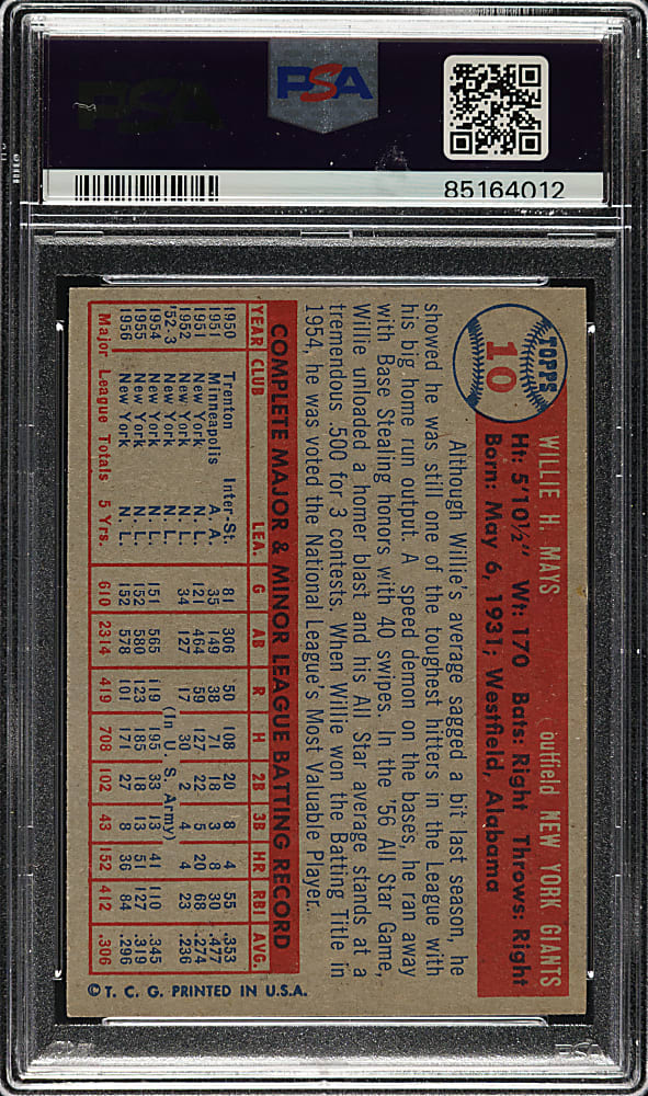 1957 Topps #10 Willie Mays PSA NM-MT 8