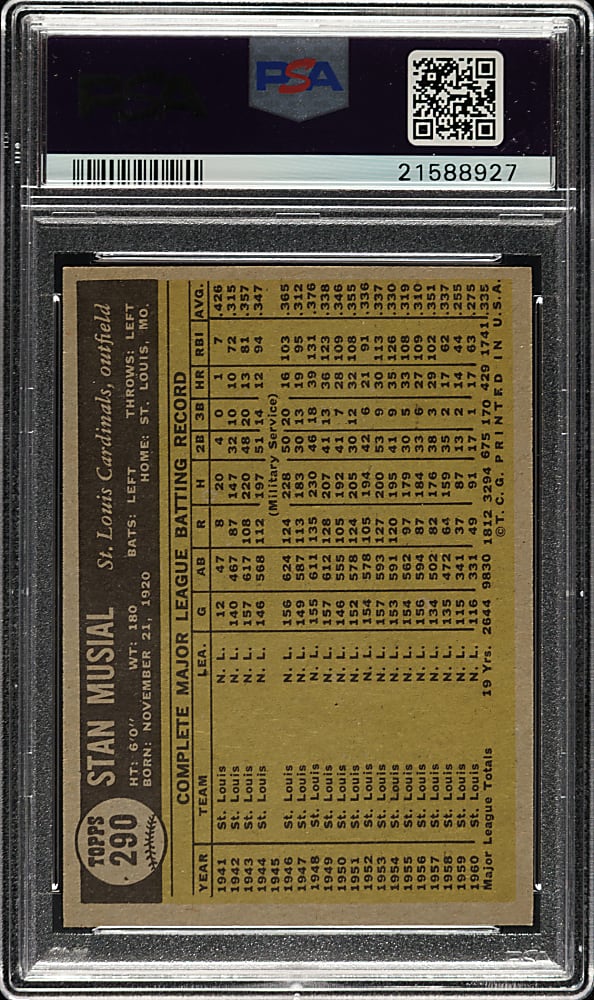 1961 Topps #290 Stan Musial PSA MINT 9