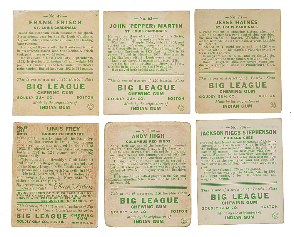 1933 R319 Goudey Collection (6) Including Jesse Haines and Frank Frisch