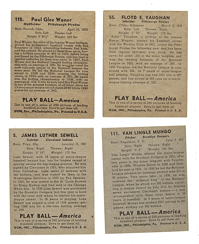 1939 R334 Play Ball Collection (15) Including Paul Waner, Arky Vaughan, and One Sample Back