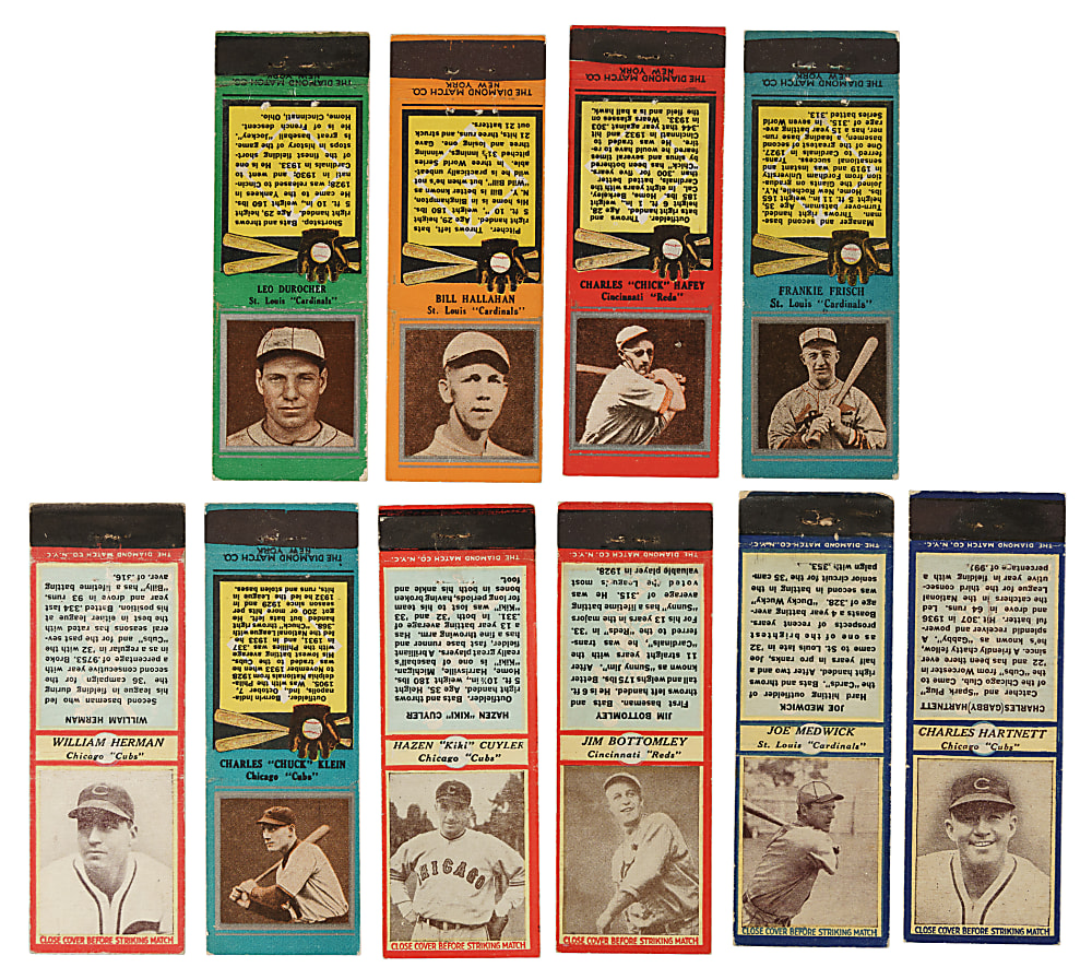 1934 to 1937 Diamond Matchbooks Collection (14) Including Mel Ott, Lloyd Waner, and Carl Hubbell
