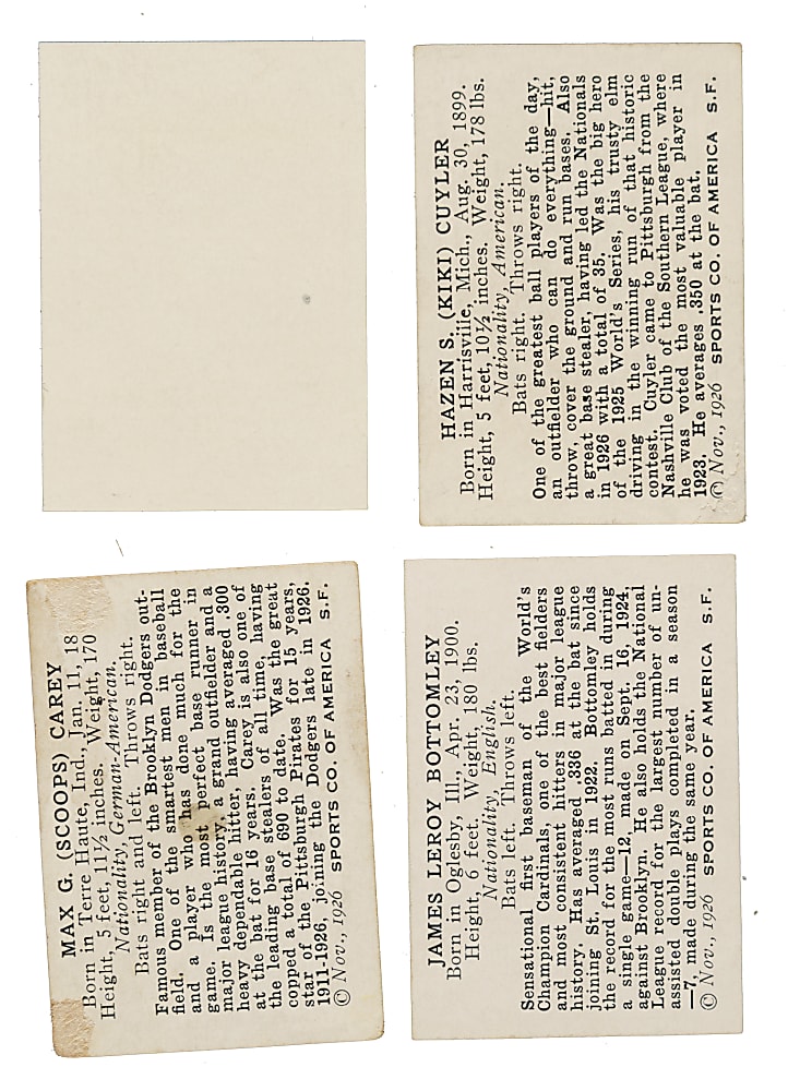 1926 Spalding Champions Collection (4) Including Collins, Bottomley, Cuyler, and Carey
