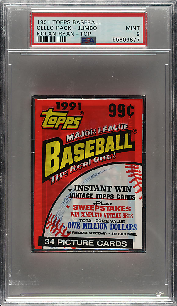1991 Topps Unopened Jumbo Cello Pack PSA MINT 9 - Nolan Ryan on Top