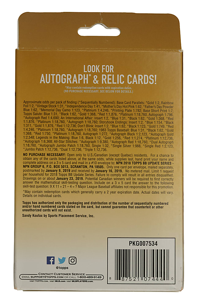 2018 Topps Update Factory Sealed Unopened Hanger Box (72 Cards) - Shohei Ohtani, Juan Soto, and Ronald Acuna Jr. Rookie Year