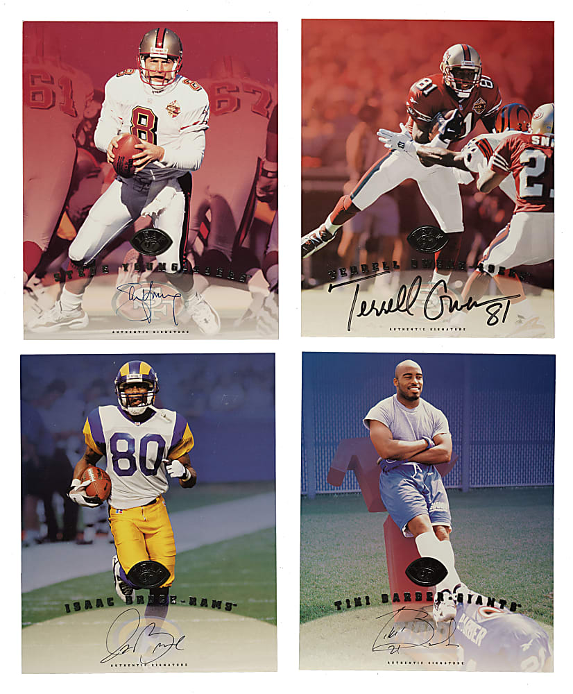 1997 Leaf Signature Football Collection (50) with 29 Signed Cards Including Steve Young, Terrell Owens, and Tiki Barber Rookie