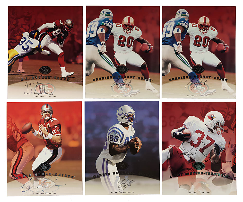 1997 Leaf Signature Football Collection (50) with 29 Signed Cards Including Steve Young, Terrell Owens, and Tiki Barber Rookie