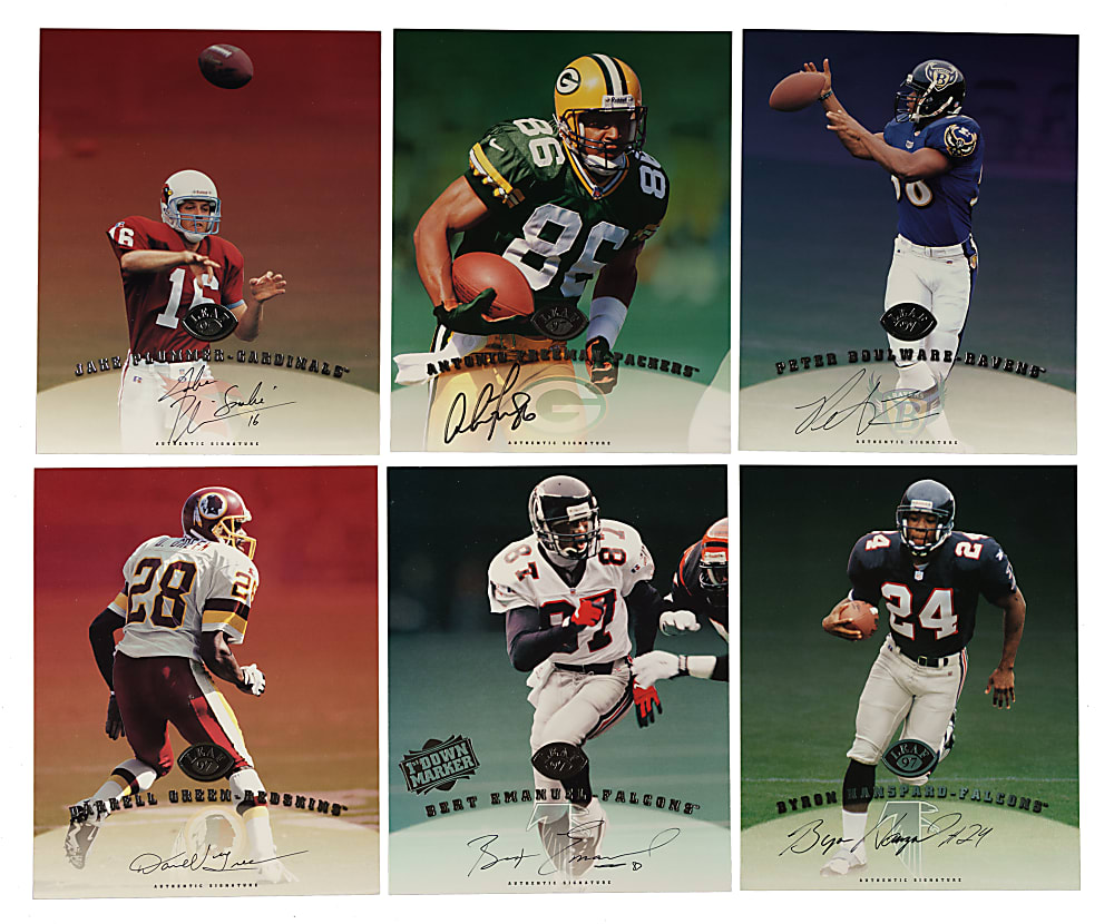 1997 Leaf Signature Football Collection (50) with 29 Signed Cards Including Steve Young, Terrell Owens, and Tiki Barber Rookie