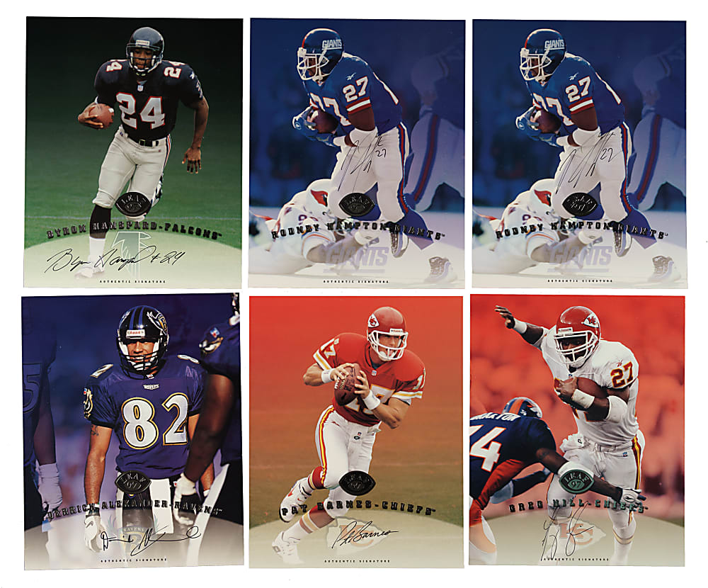 1997 Leaf Signature Football Collection (50) with 29 Signed Cards Including Steve Young, Terrell Owens, and Tiki Barber Rookie