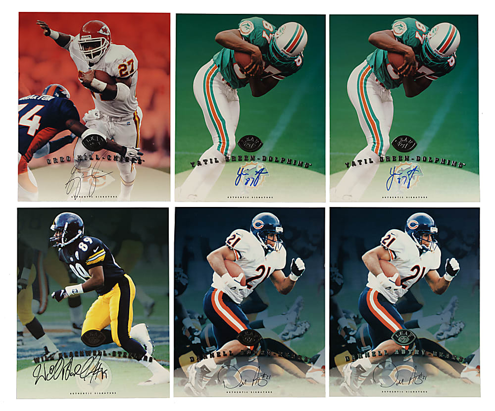 1997 Leaf Signature Football Collection (50) with 29 Signed Cards Including Steve Young, Terrell Owens, and Tiki Barber Rookie