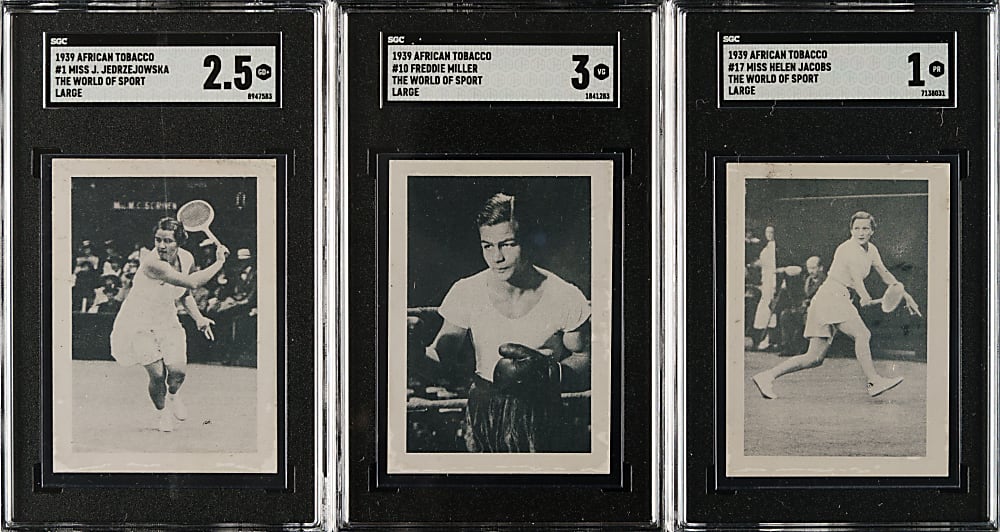 1939 African Tobacco "The World of Sport" (Large) SGC-Graded Trio: Freddie Miller, Helen Jacobs and Jedrzejowska